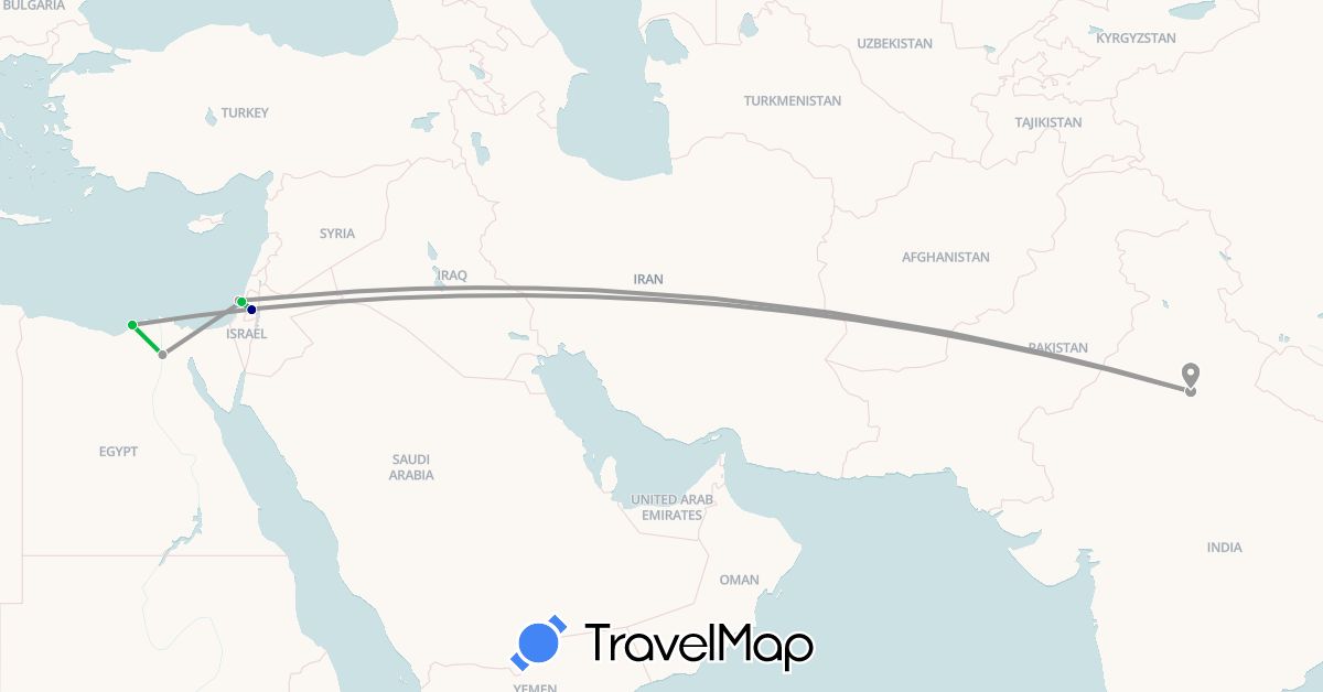 TravelMap itinerary: driving, bus, plane in Egypt, Israel, India (Africa, Asia)